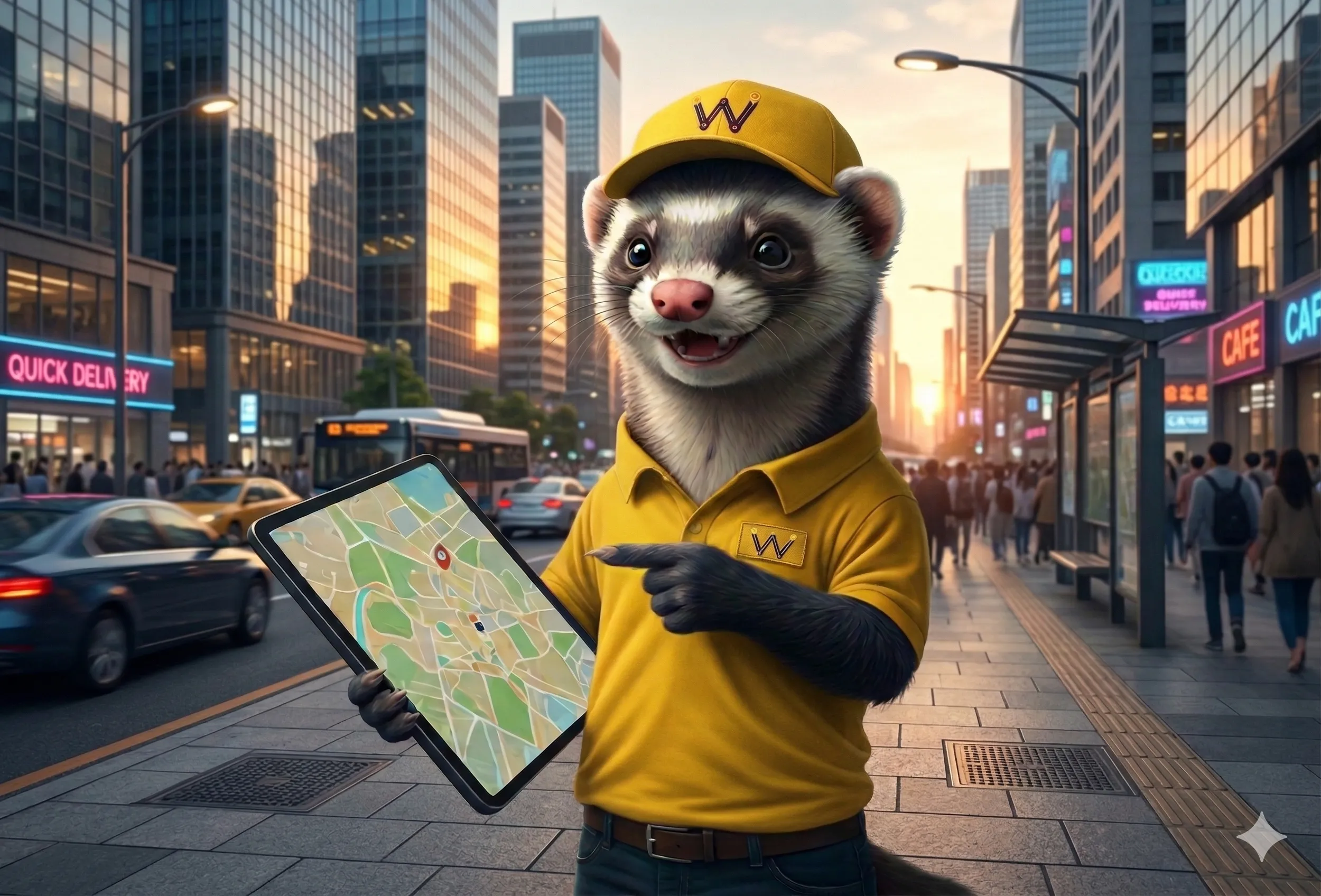 Otto, la mascota de WayWise — un hurón repartidor con gorra roja, mochila amarilla y tablet con mapa